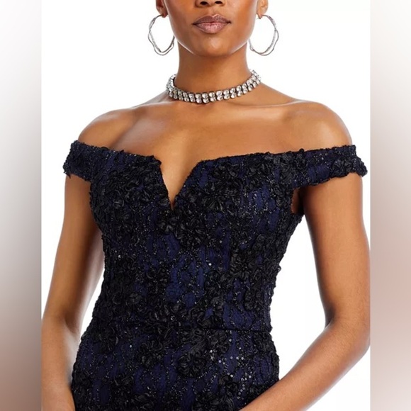 Aqua 
Off-the-Shoulder Embellished Lace Gown - Exclusive - Picture 3 of 12